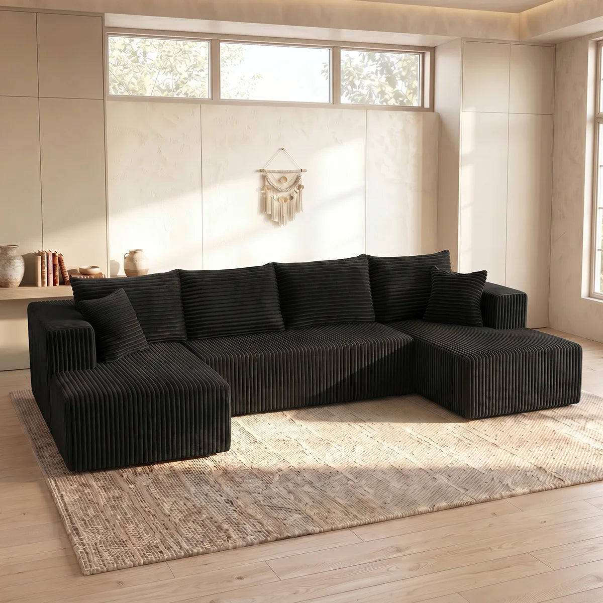 Large‑Size U‑Shape Modular Cloud Sofa with Cup Holders, Compressed Sofa Set, Velvet Fabric, for Suite & Villa Living Room