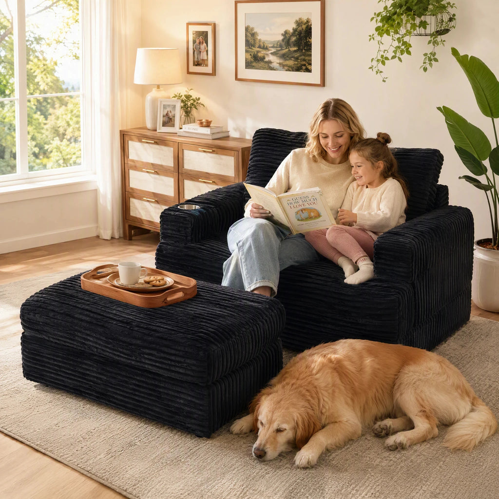 39-Inch Soft-Seat Single Sofa With Footrests Equipped With A Cup Holder Corduroy Fabric Is Highly Suitable for Use In The Living Room Or Bedroom