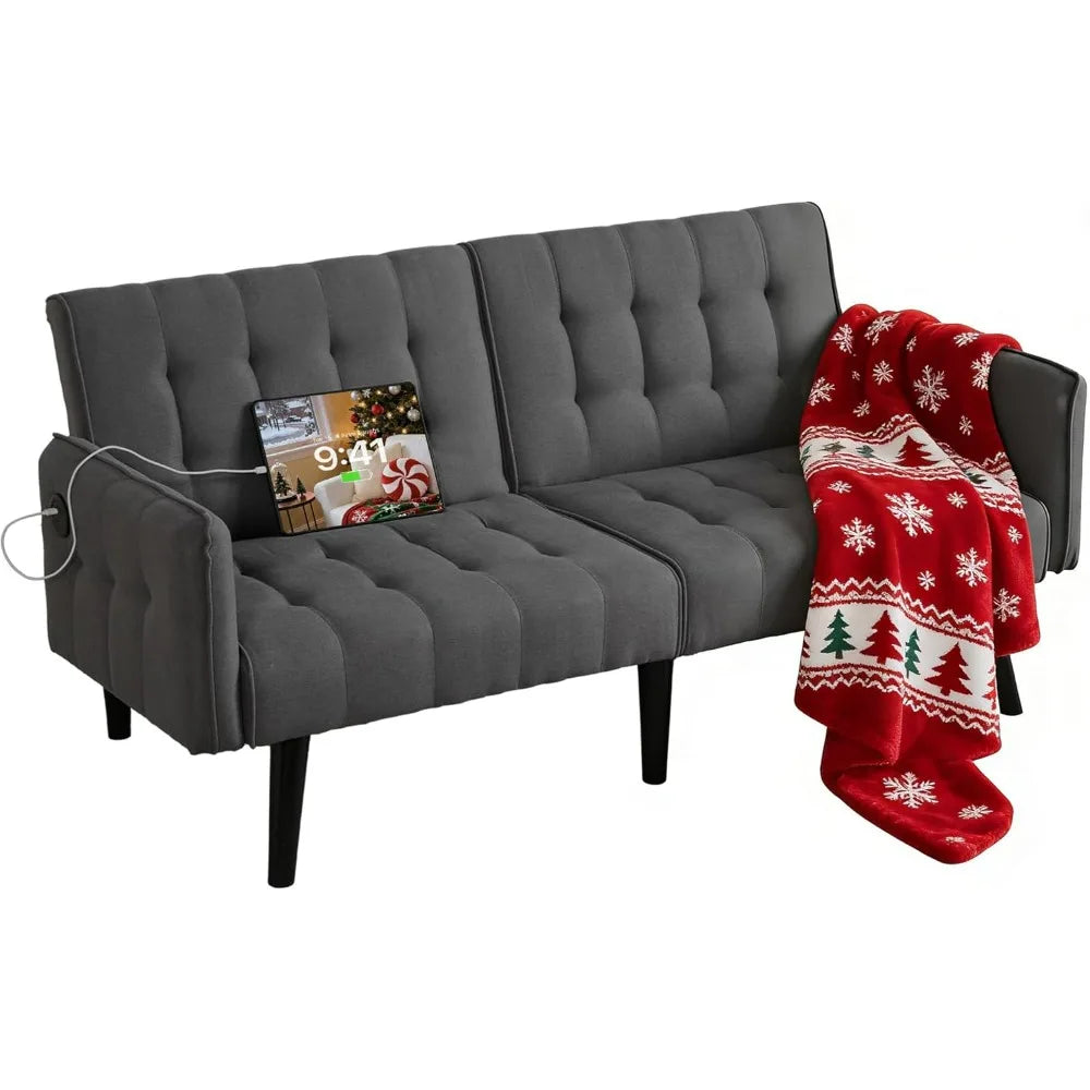 TYBOATLE 65" Futon Sofa Bed 2 USB - Tufted Upholstered Adjustable Loveseat Modern Mid Century for Small Spaces Dark Grey