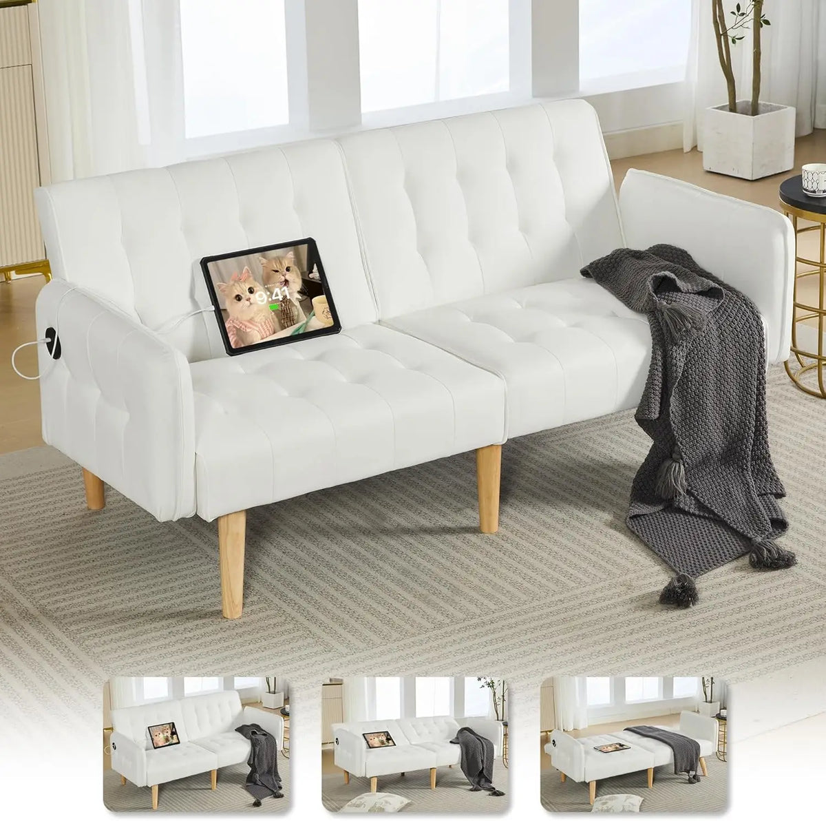 TYBOATLE 65" Futon Sofa Bed 2 USB - Tufted Upholstered Adjustable Loveseat Modern Mid Century for Small Spaces Dark Grey