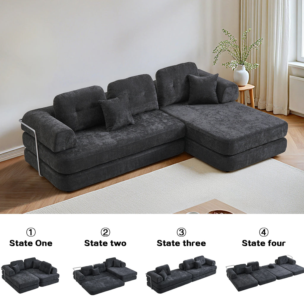 104' Boneless Couch Foldable Convertible Futon Sleeper Sofa Bed Floor Chenille L-Shaped Chaise Lounge for Living Room Sofas
