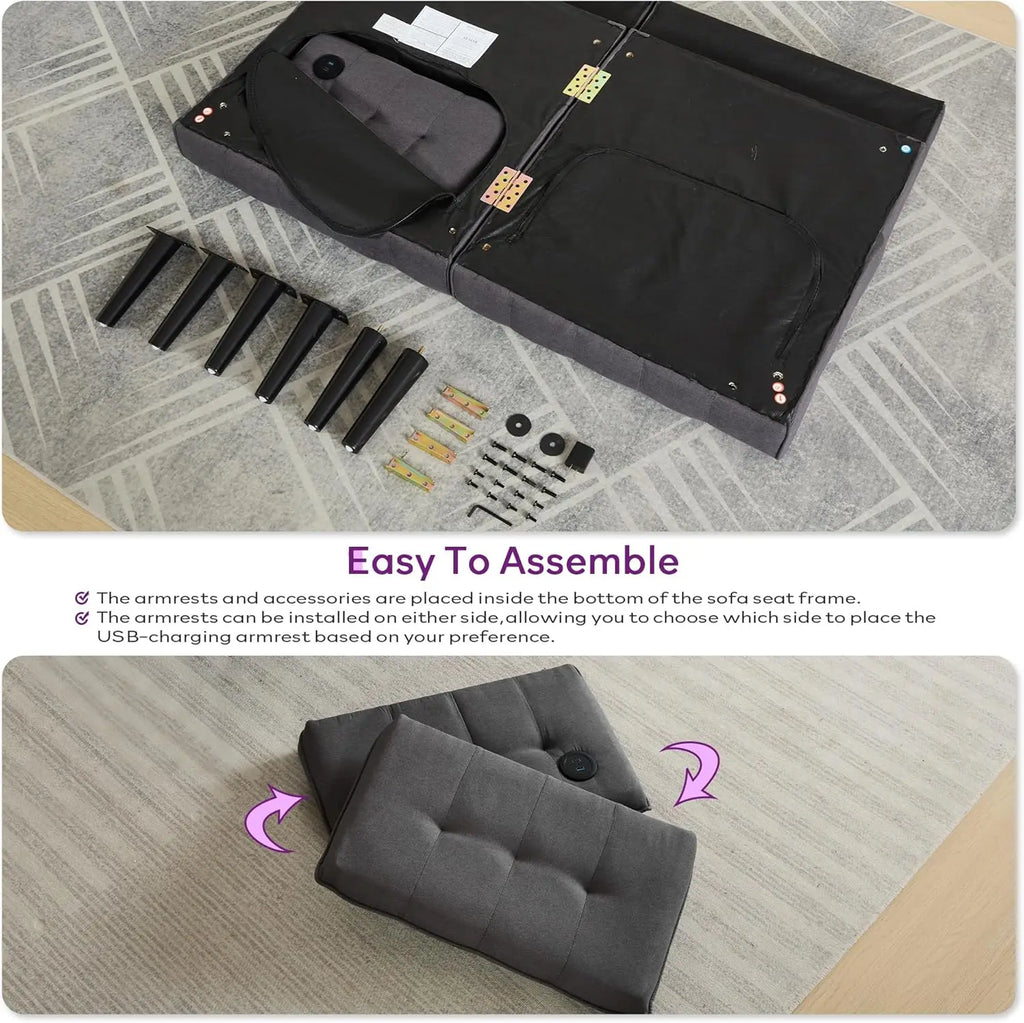 TYBOATLE 65" Futon Sofa Bed 2 USB - Tufted Upholstered Adjustable Loveseat Modern Mid Century for Small Spaces Dark Grey