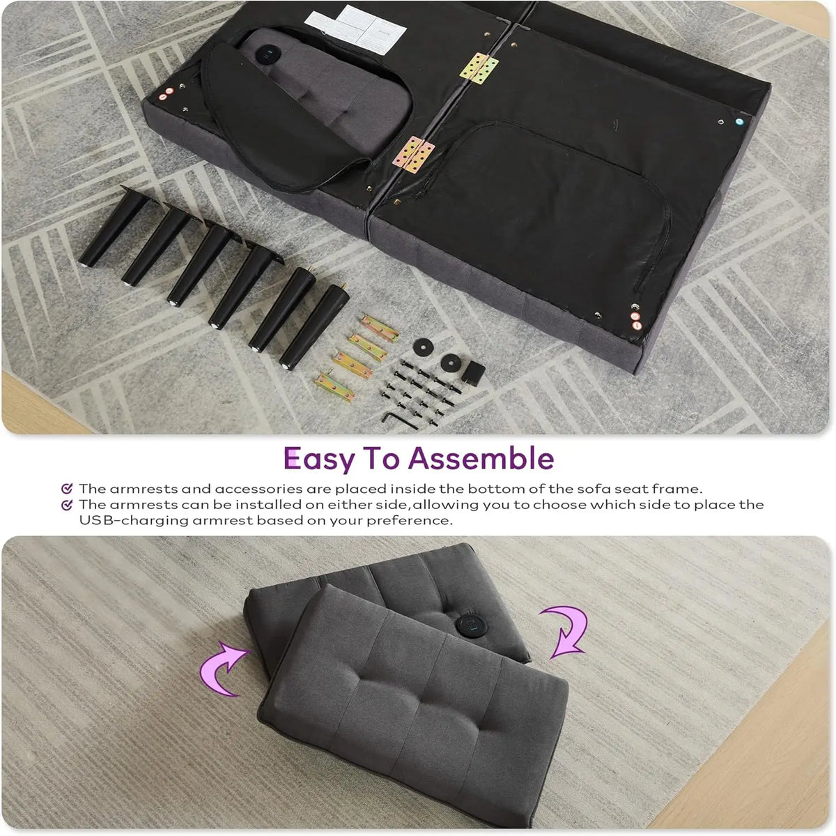 TYBOATLE 65" Futon Sofa Bed 2 USB - Tufted Upholstered Adjustable Loveseat Modern Mid Century for Small Spaces Dark Grey