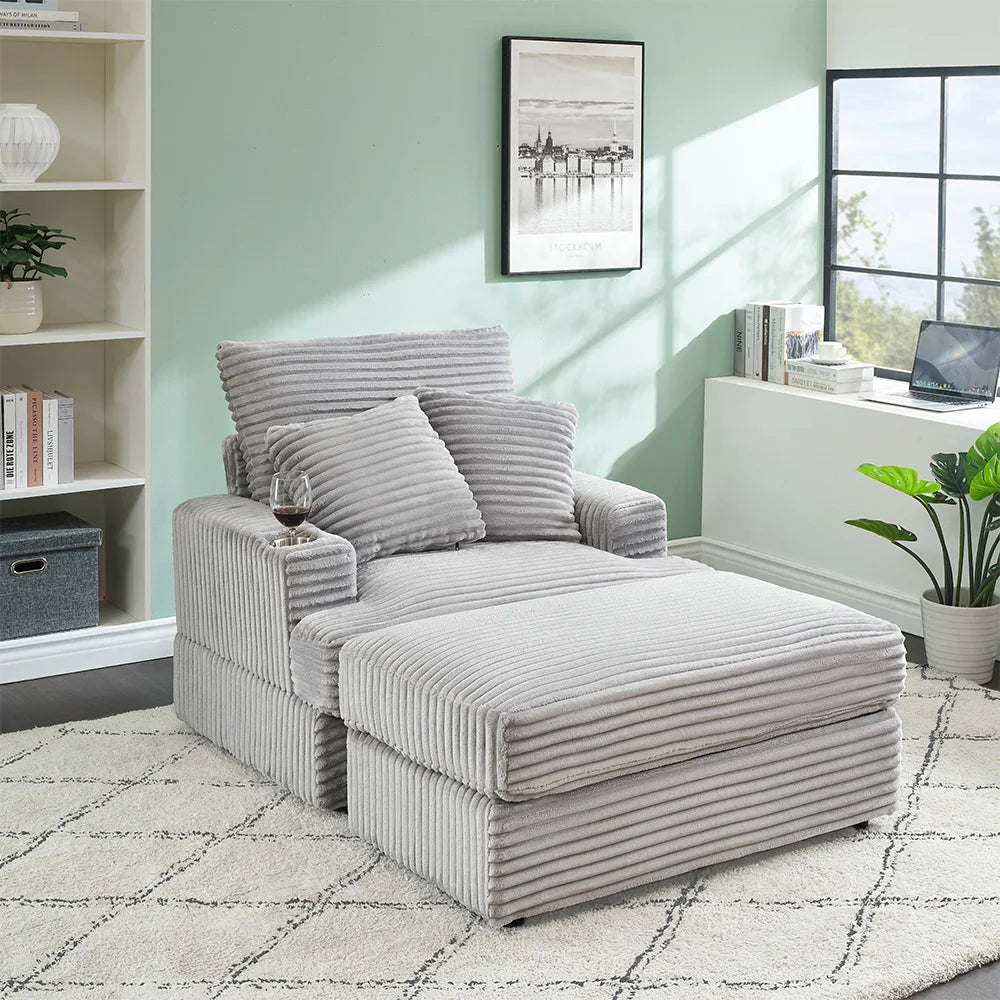 39-Inch Soft-Seat Single Sofa With Footrests Equipped With A Cup Holder Corduroy Fabric Is Highly Suitable for Use In The Living Room Or Bedroom