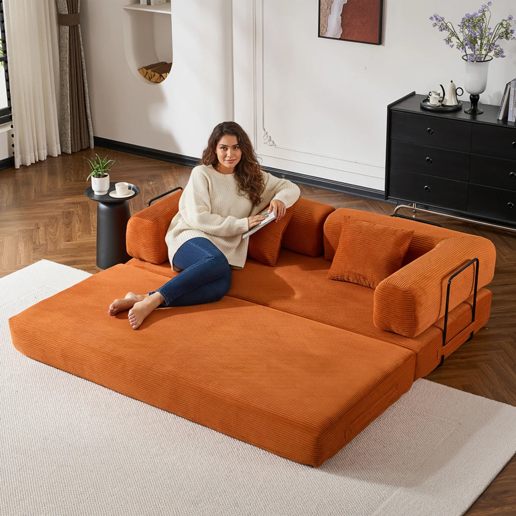79" Folding Convertible Sofa Bed, Oversized Corduroy Futon Floor Couch, Boneless Loveseat for Small Spaces, Living Room, Bedroom