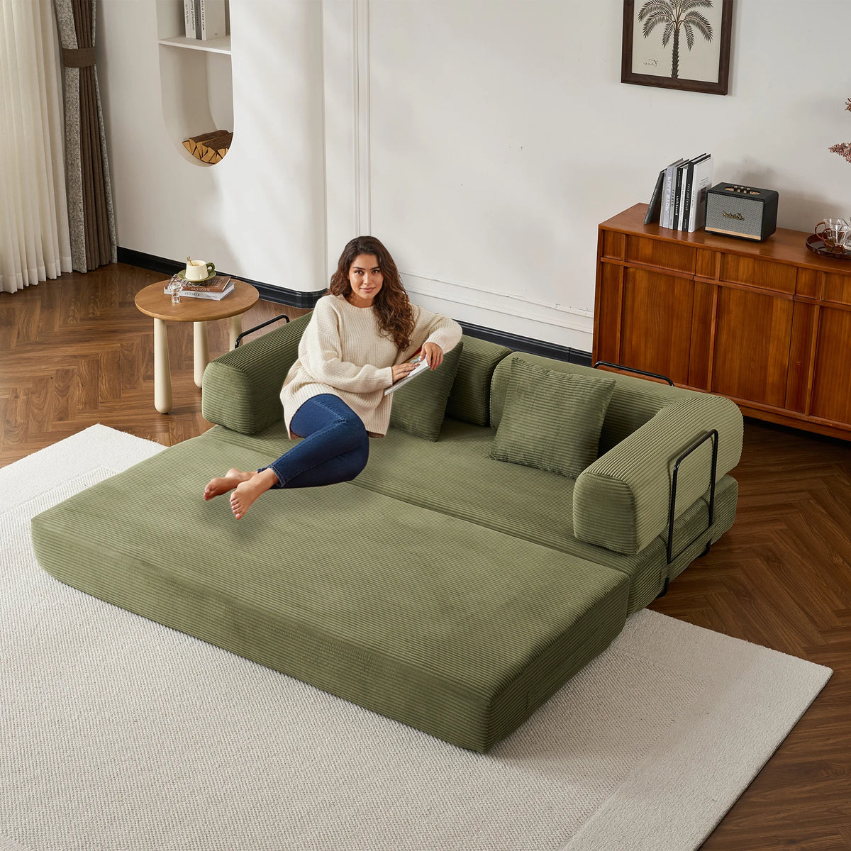 79" Folding Convertible Sofa Bed, Oversized Corduroy Futon Floor Couch, Boneless Loveseat for Small Spaces, Living Room, Bedroom
