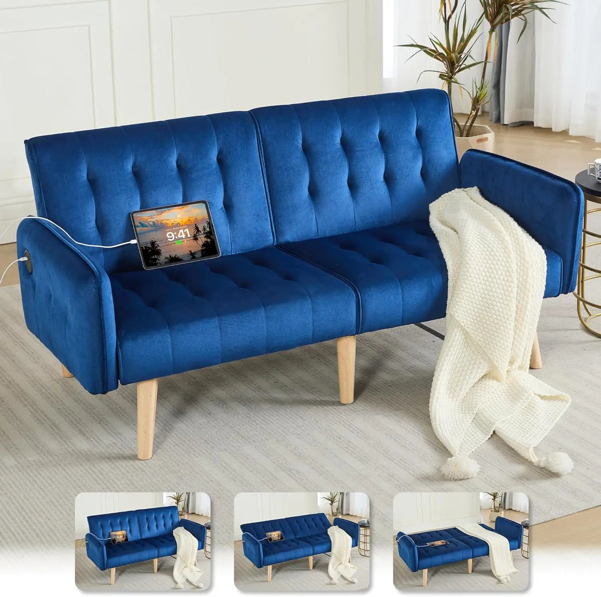 TYBOATLE 65" Futon Sofa Bed 2 USB - Tufted Upholstered Adjustable Loveseat Modern Mid Century for Small Spaces Dark Grey