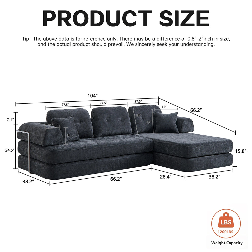 104' Boneless Couch Foldable Convertible Futon Sleeper Sofa Bed Floor Chenille L-Shaped Chaise Lounge for Living Room Sofas