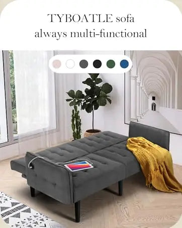 TYBOATLE 65" Futon Sofa Bed 2 USB - Tufted Upholstered Adjustable Loveseat Modern Mid Century for Small Spaces Dark Grey