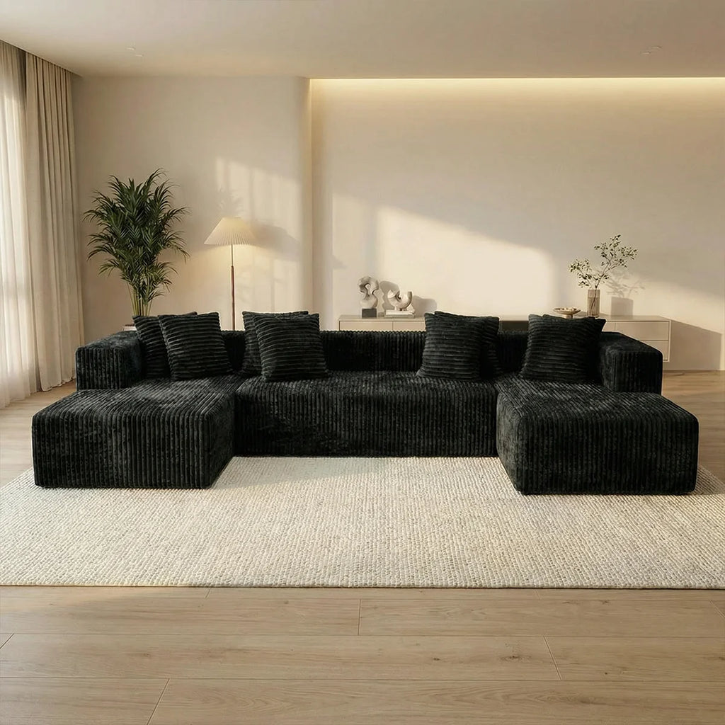 Large‑Size U‑Shape Modular Cloud Sofa with Cup Holders, Compressed Sofa Set, Velvet Fabric, for Suite & Villa Living Room