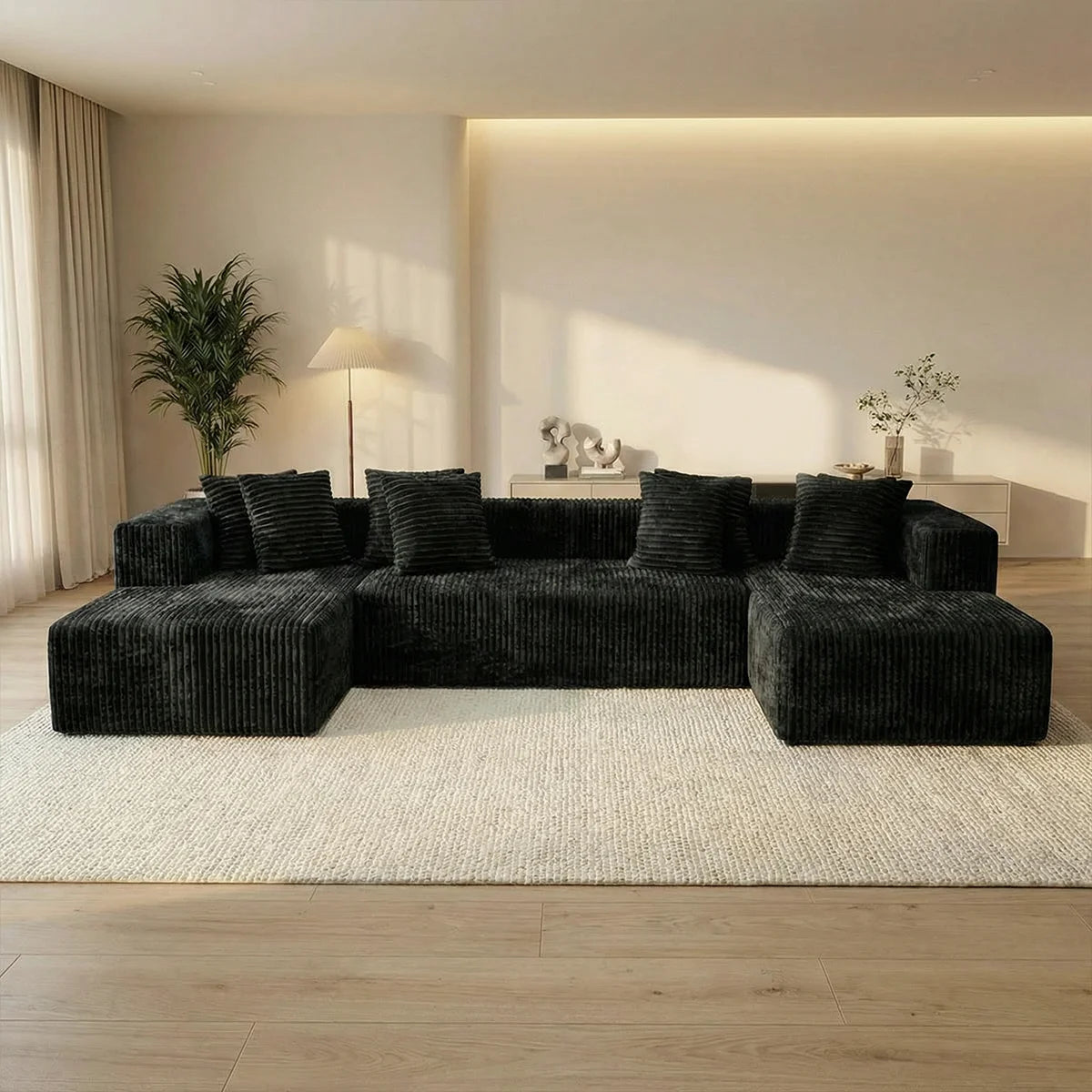 Large‑Size U‑Shape Modular Cloud Sofa with Cup Holders, Compressed Sofa Set, Velvet Fabric, for Suite & Villa Living Room