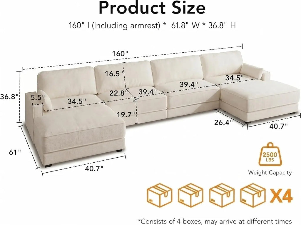 160" Oversized Modular Sectional Sofa, U Shaped Couch Set with 2 Pillows, 6 Seat Comfy Cloud Couches with 2 Movable, Customized