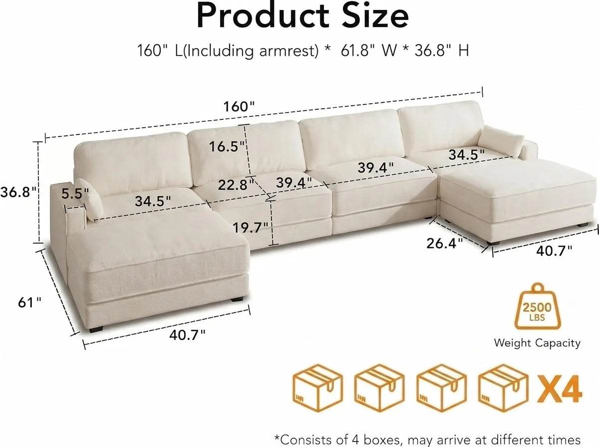 160" Oversized Modular Sectional Sofa, U Shaped Couch Set with 2 Pillows, 6 Seat Comfy Cloud Couches with 2 Movable, Customized
