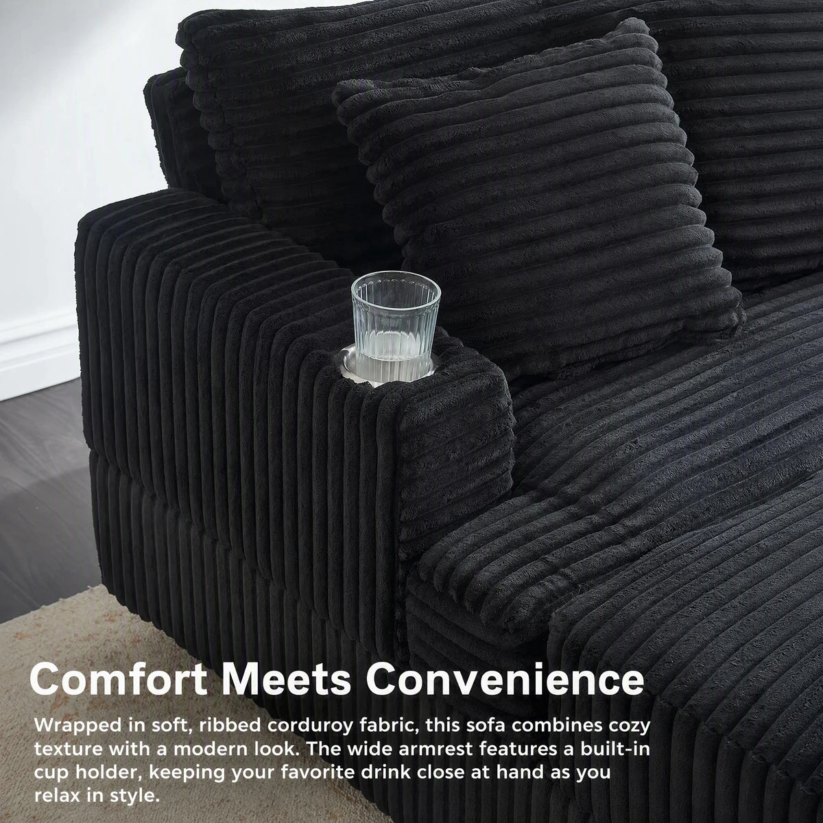 39-Inch Soft-Seat Single Sofa With Footrests Equipped With A Cup Holder Corduroy Fabric Is Highly Suitable for Use In The Living Room Or Bedroom