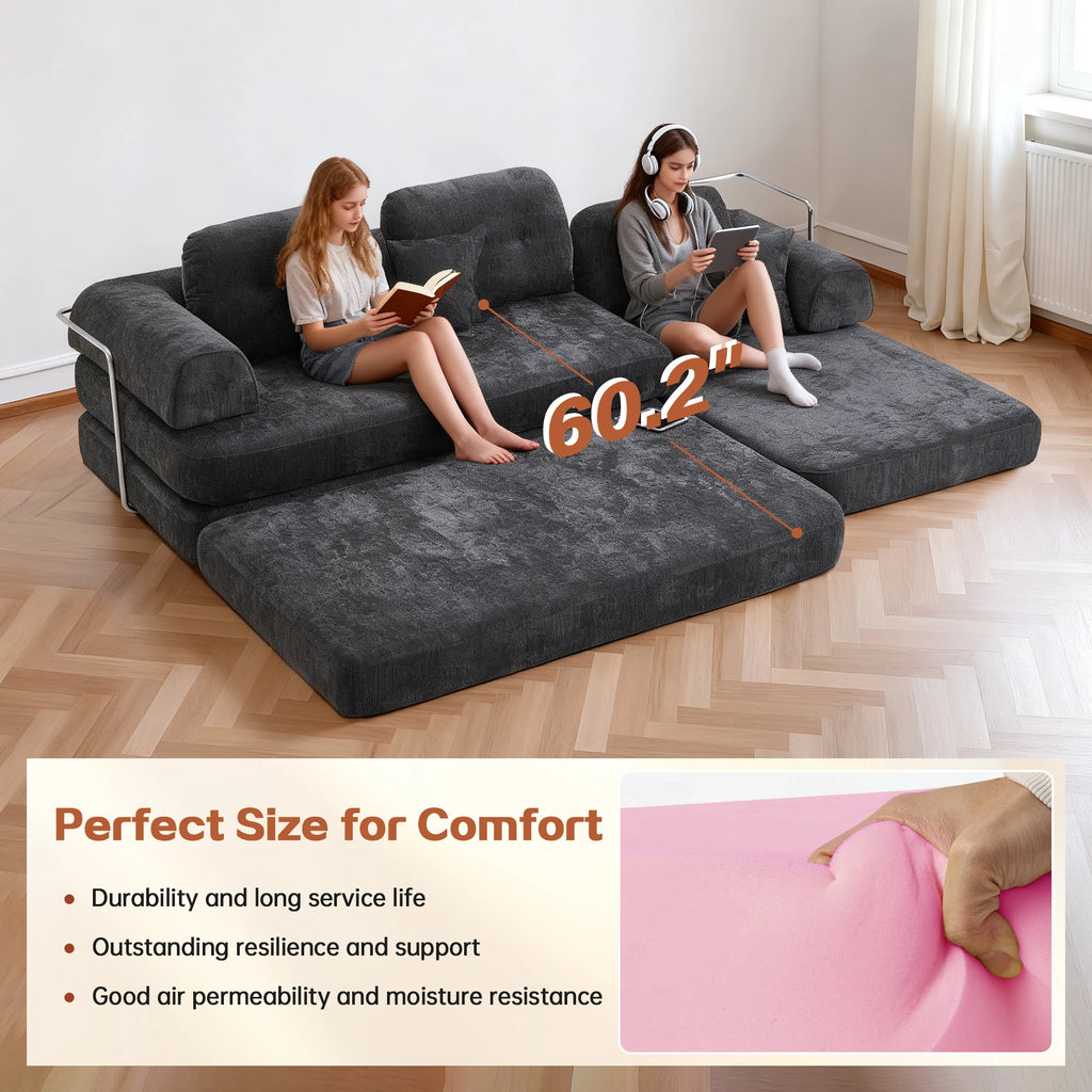 104' Boneless Couch Foldable Convertible Futon Sleeper Sofa Bed Floor Chenille L-Shaped Chaise Lounge for Living Room Sofas