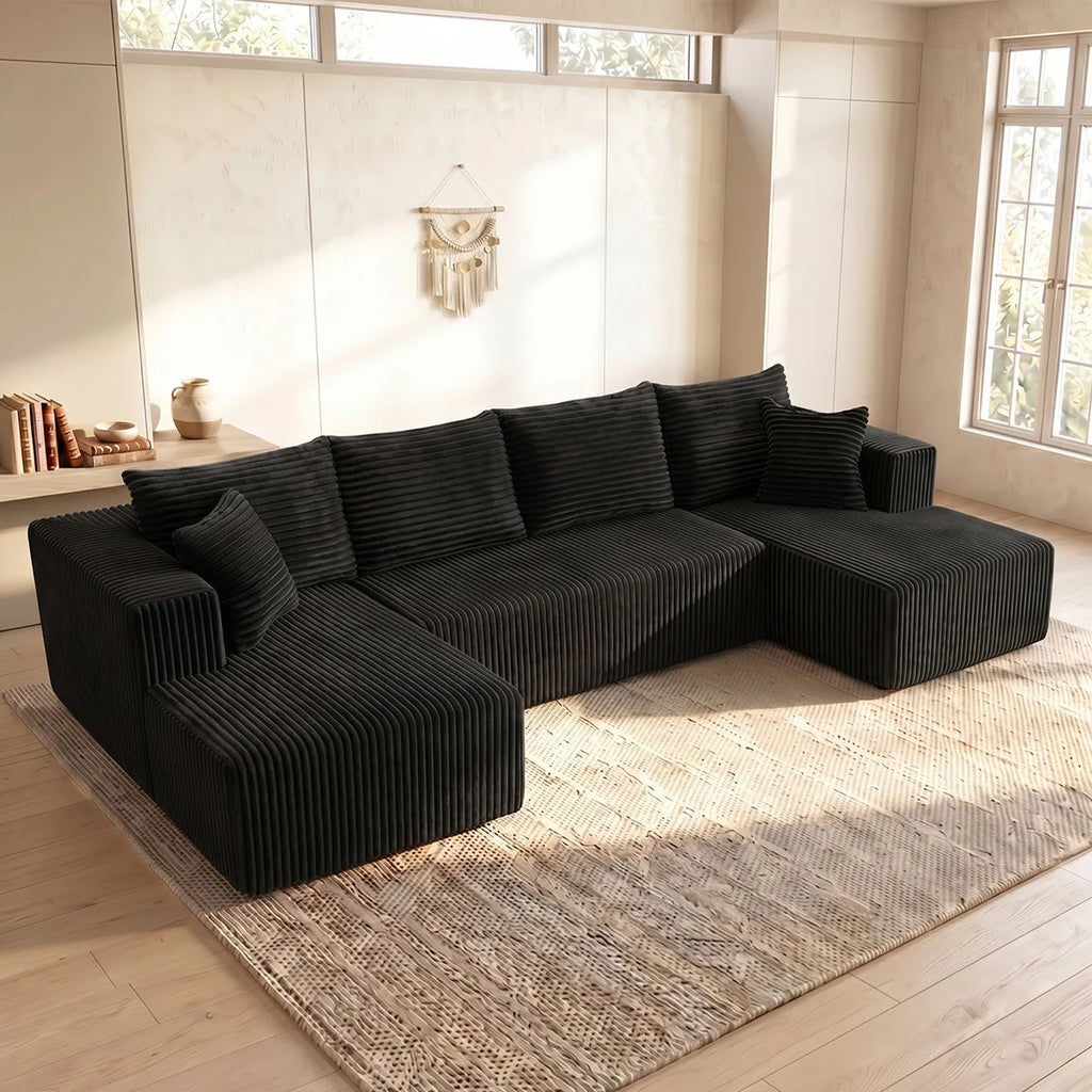 Large‑Size U‑Shape Modular Cloud Sofa with Cup Holders, Compressed Sofa Set, Velvet Fabric, for Suite & Villa Living Room