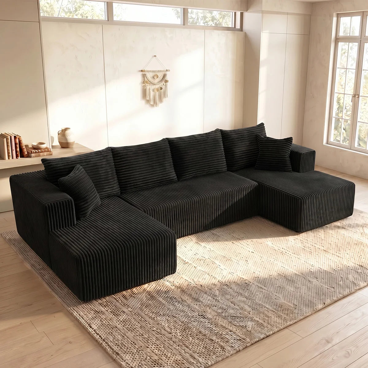 Large‑Size U‑Shape Modular Cloud Sofa with Cup Holders, Compressed Sofa Set, Velvet Fabric, for Suite & Villa Living Room