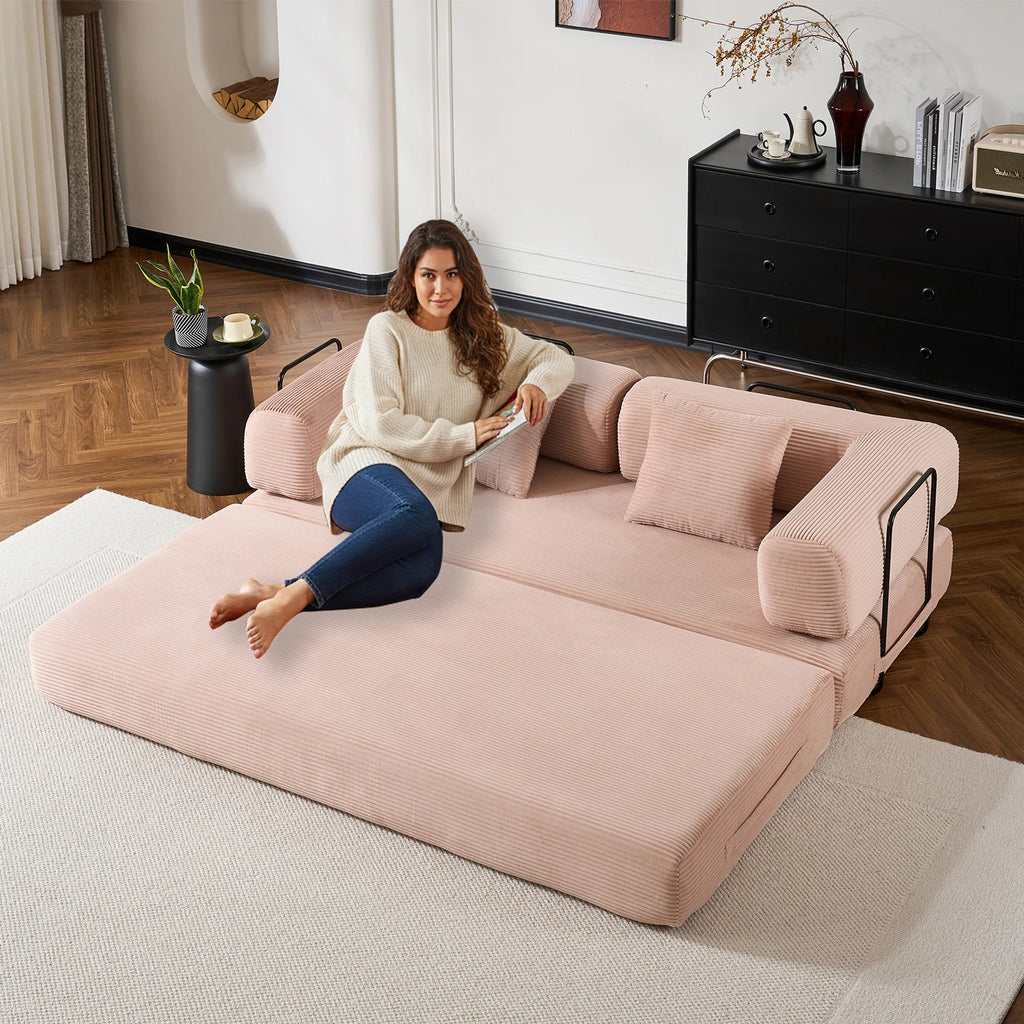 79" Folding Convertible Sofa Bed, Oversized Corduroy Futon Floor Couch, Boneless Loveseat for Small Spaces, Living Room, Bedroom