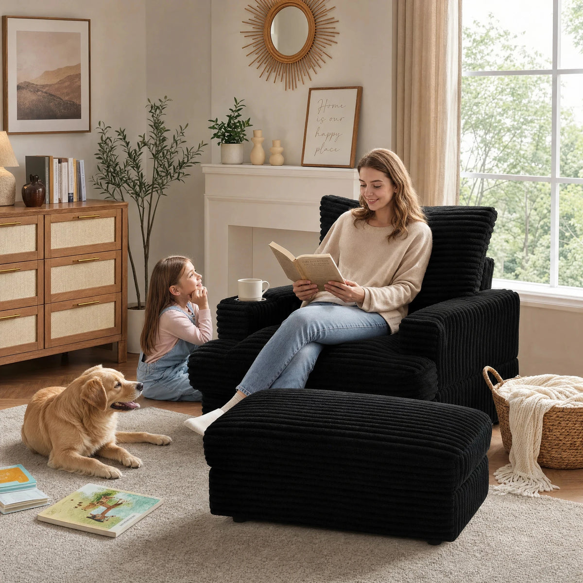 39-Inch Soft-Seat Single Sofa With Footrests Equipped With A Cup Holder Corduroy Fabric Is Highly Suitable for Use In The Living Room Or Bedroom