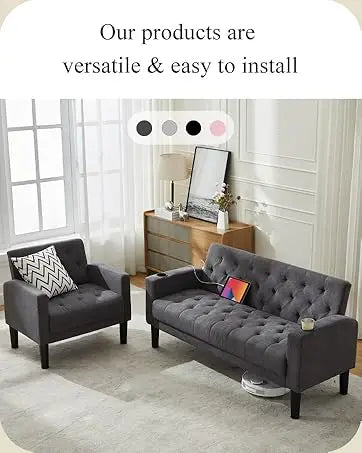 TYBOATLE 65" Futon Sofa Bed 2 USB - Tufted Upholstered Adjustable Loveseat Modern Mid Century for Small Spaces Dark Grey