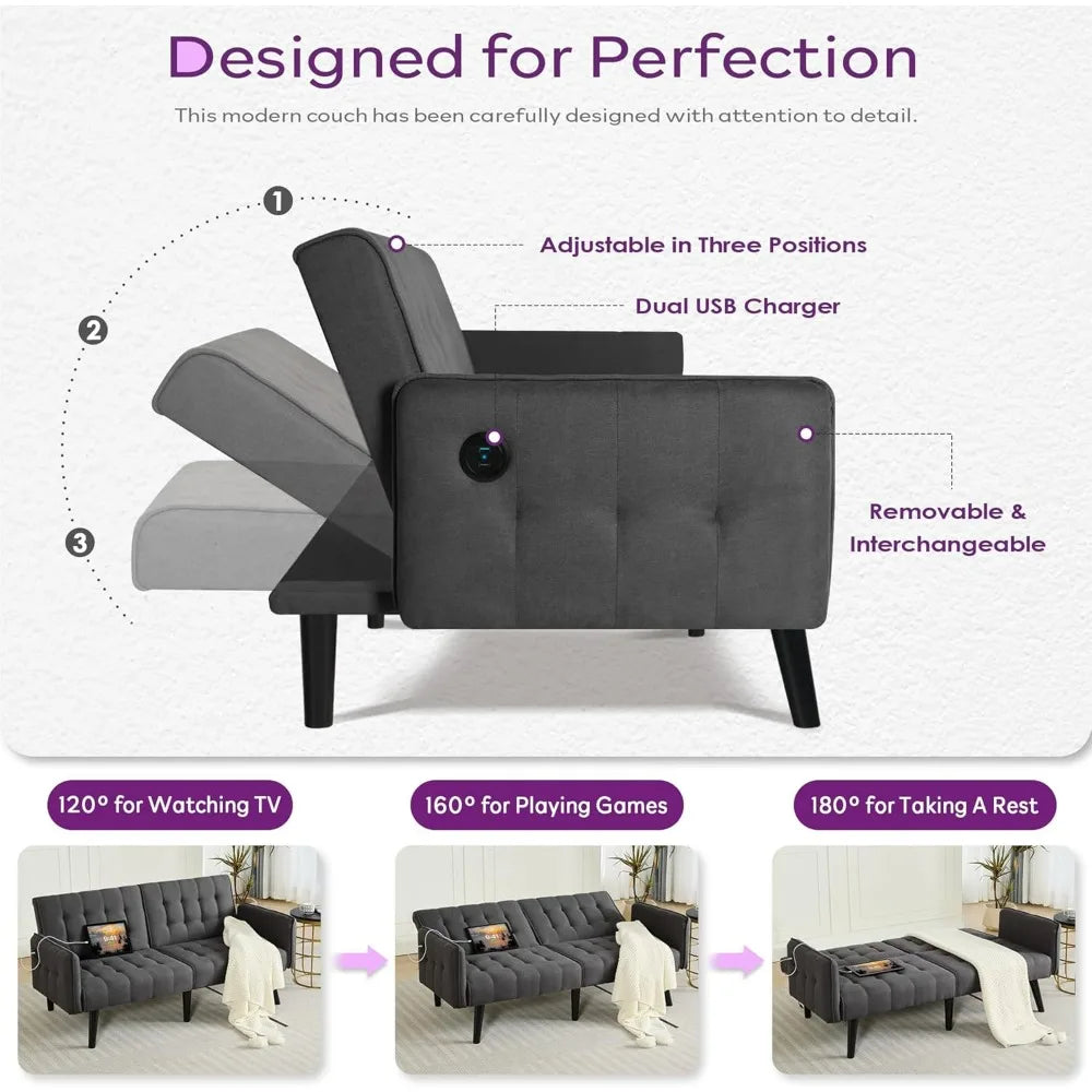 TYBOATLE 65" Futon Sofa Bed 2 USB - Tufted Upholstered Adjustable Loveseat Modern Mid Century for Small Spaces Dark Grey