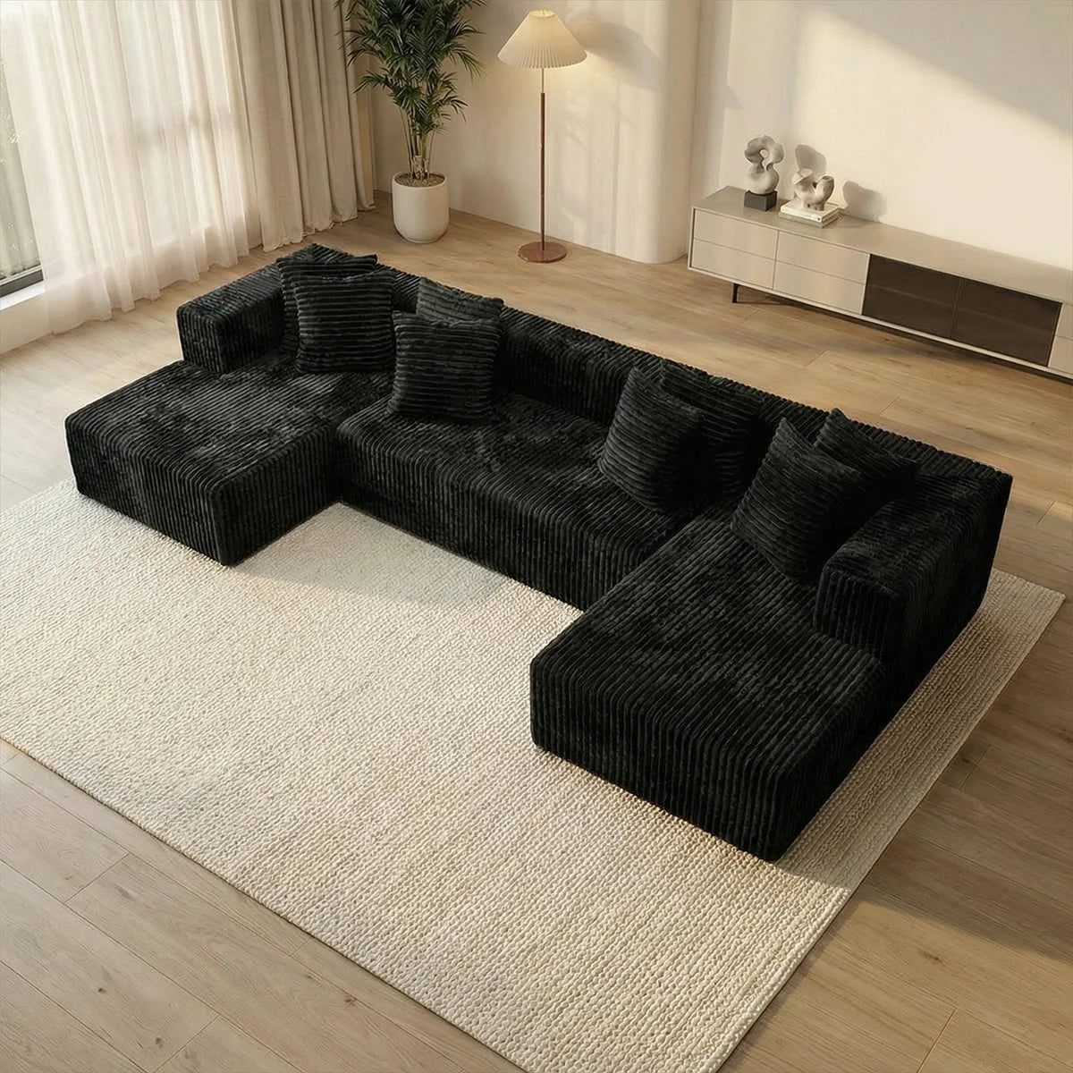Large‑Size U‑Shape Modular Cloud Sofa with Cup Holders, Compressed Sofa Set, Velvet Fabric, for Suite & Villa Living Room