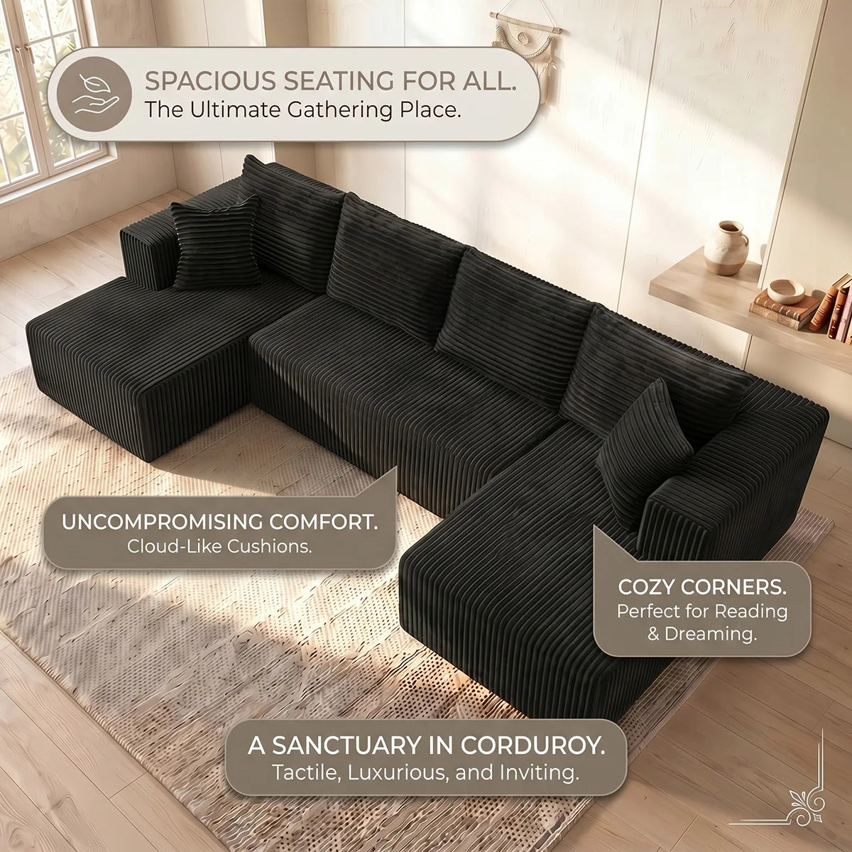 Large‑Size U‑Shape Modular Cloud Sofa with Cup Holders, Compressed Sofa Set, Velvet Fabric, for Suite & Villa Living Room