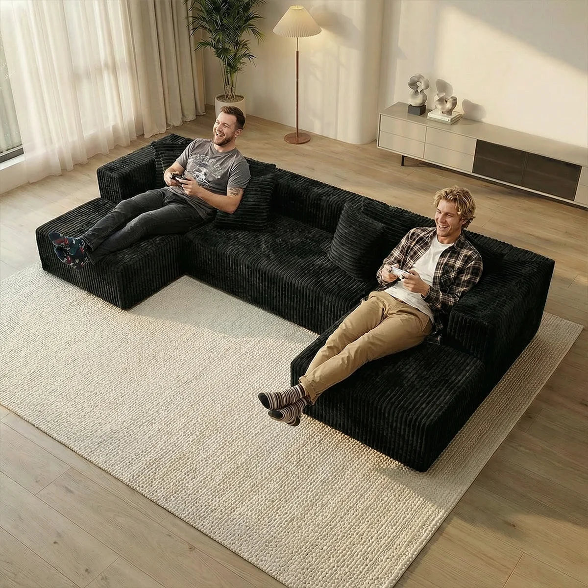 Large‑Size U‑Shape Modular Cloud Sofa with Cup Holders, Compressed Sofa Set, Velvet Fabric, for Suite & Villa Living Room