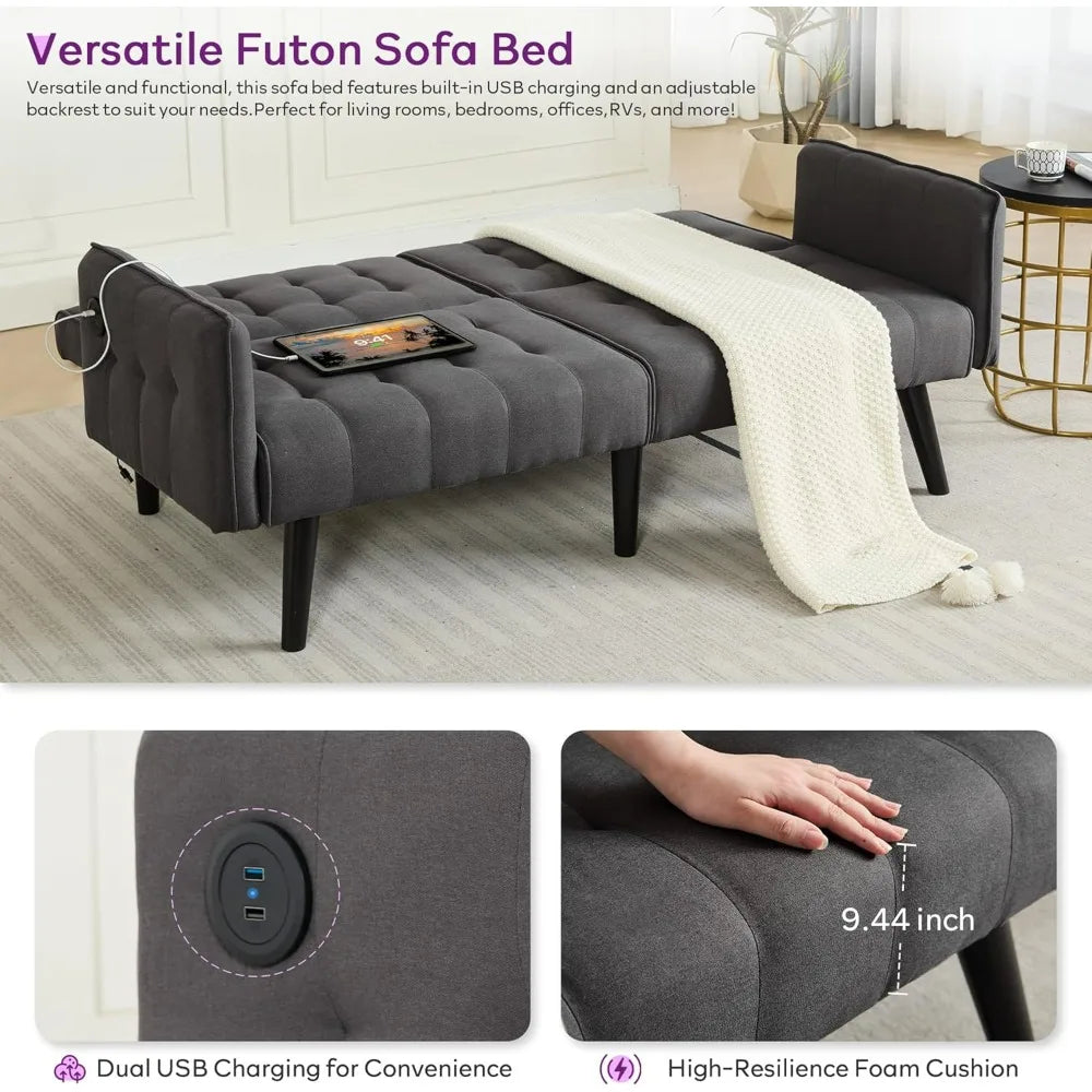 TYBOATLE 65" Futon Sofa Bed 2 USB - Tufted Upholstered Adjustable Loveseat Modern Mid Century for Small Spaces Dark Grey