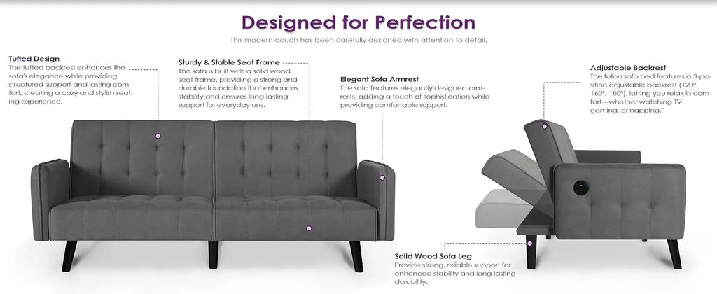 TYBOATLE 65" Futon Sofa Bed 2 USB - Tufted Upholstered Adjustable Loveseat Modern Mid Century for Small Spaces Dark Grey