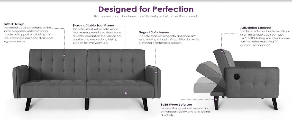 TYBOATLE 65" Futon Sofa Bed 2 USB - Tufted Upholstered Adjustable Loveseat Modern Mid Century for Small Spaces Dark Grey