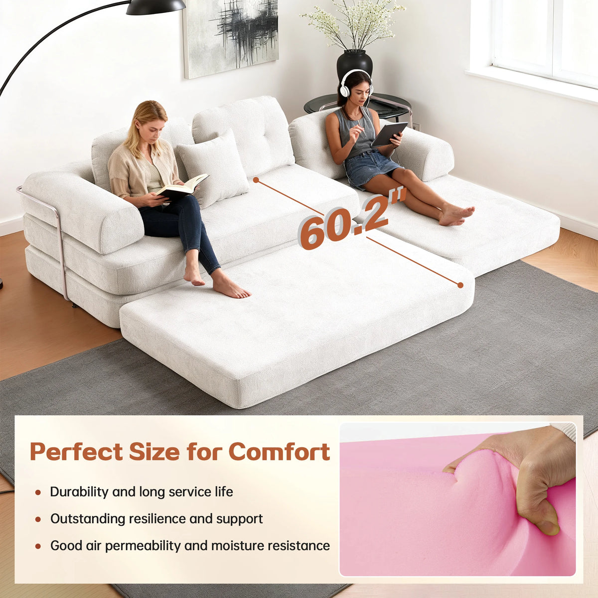 104' Boneless Couch Foldable Convertible Futon Sleeper Sofa Bed Floor Chenille L-Shaped Chaise Lounge for Living Room Sofas