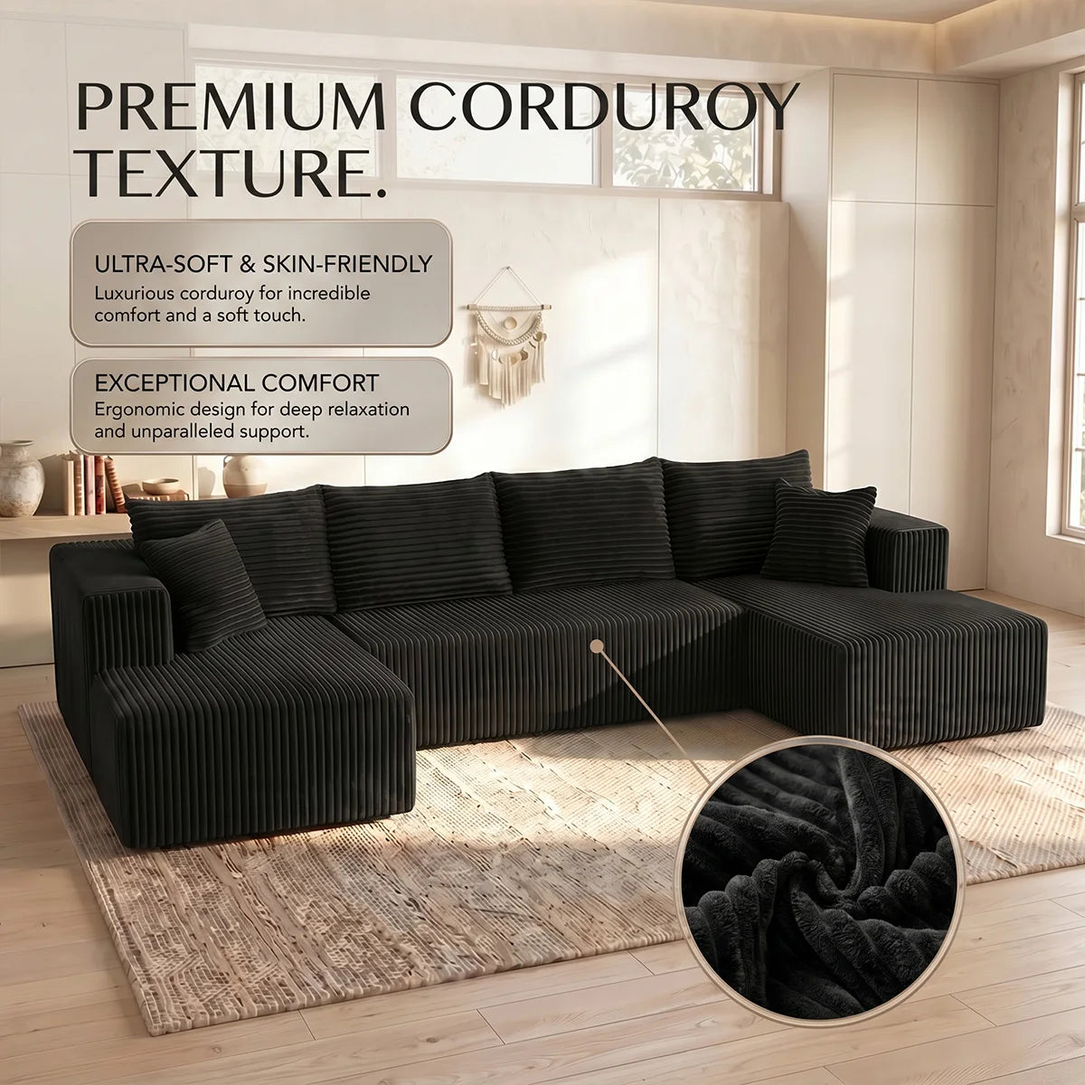 Large‑Size U‑Shape Modular Cloud Sofa with Cup Holders, Compressed Sofa Set, Velvet Fabric, for Suite & Villa Living Room