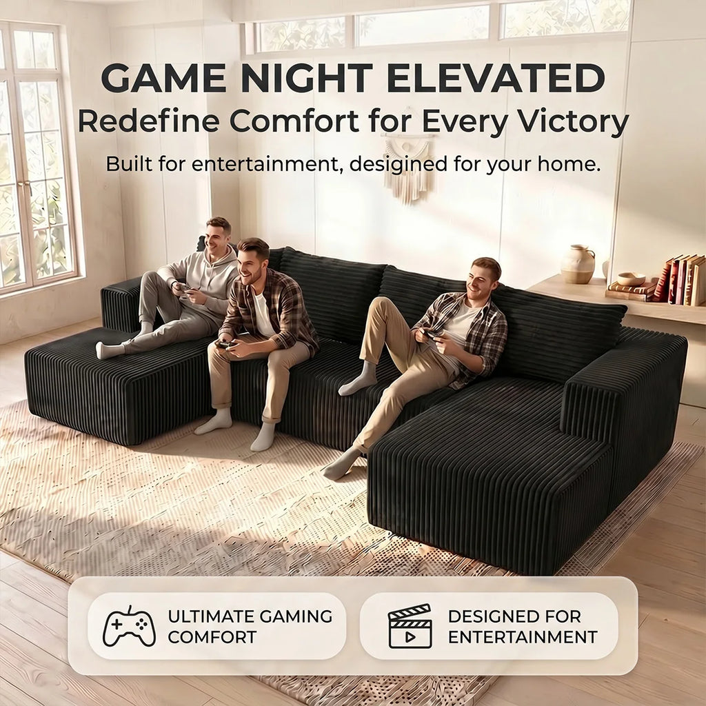 Large‑Size U‑Shape Modular Cloud Sofa with Cup Holders, Compressed Sofa Set, Velvet Fabric, for Suite & Villa Living Room