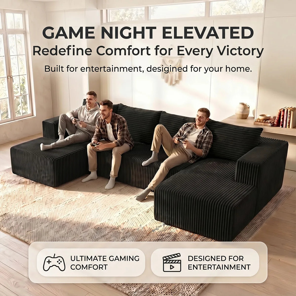 Large‑Size U‑Shape Modular Cloud Sofa with Cup Holders, Compressed Sofa Set, Velvet Fabric, for Suite & Villa Living Room