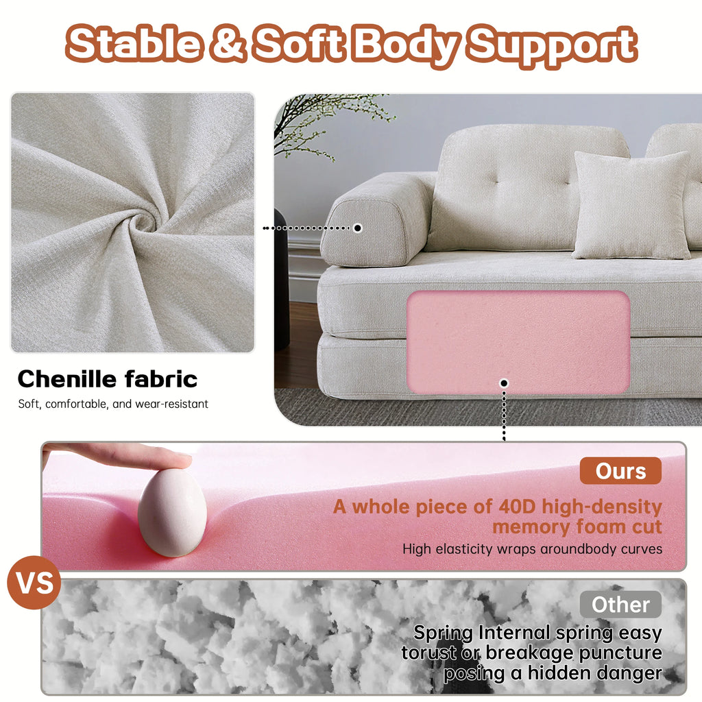 104' Boneless Couch Foldable Convertible Futon Sleeper Sofa Bed Floor Chenille L-Shaped Chaise Lounge for Living Room Sofas